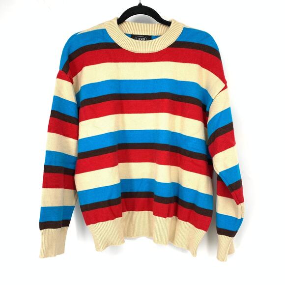Cider Pullover Crew Neck Striped Sweater Womens Size Medium Cream Red Blue - Picture 1 of 5